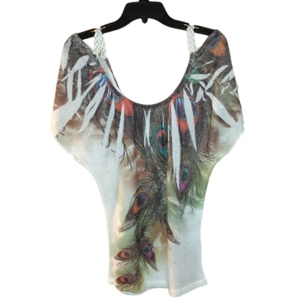 Code Vintage NWOT Cold Shoulder Peacock Feather Top Size Small